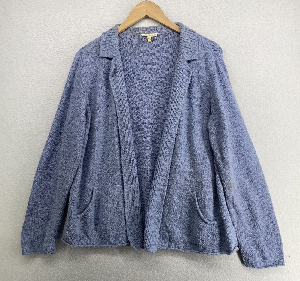 EILEEN FISHER Sweater L Organic Cotton Cardigan Blazer Open Front Pockets Blue - Picture 1 of 14